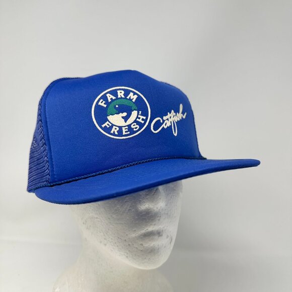 Vtg San Sun Farm Fresh Catfish Snapback Trucker Mesh Hat Blue Turquoise - Picture 2 of 12